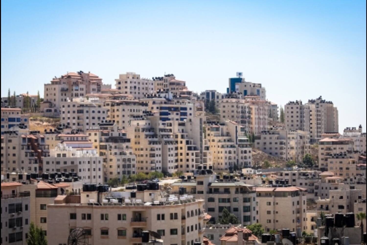 A panoramic view of the city of Jerusalem with its iconic landmarks, including the Dome of the Rock and the Western Wall in the Palestine Cities