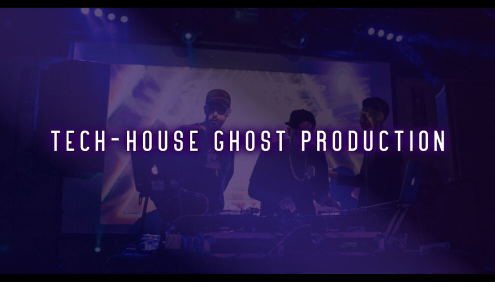 Image at a soundboard creating tracks for Tech House ghost production.